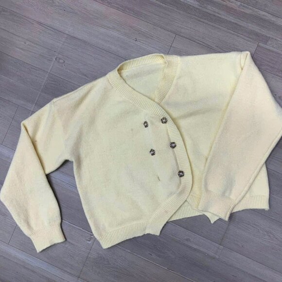 Sweaters - Soft Yellow Cropped Knit Cardigan with Rhinestone Buttons